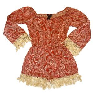 See You Monday Women’s BoHo Red Bandana Print with White Fringe Romper Size M